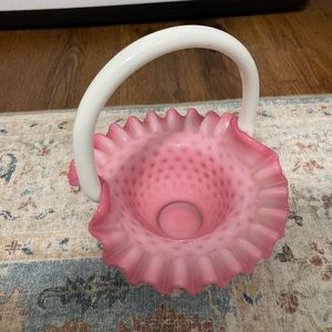 Pink and White milk glass Fenton Ruffle Bowl basket